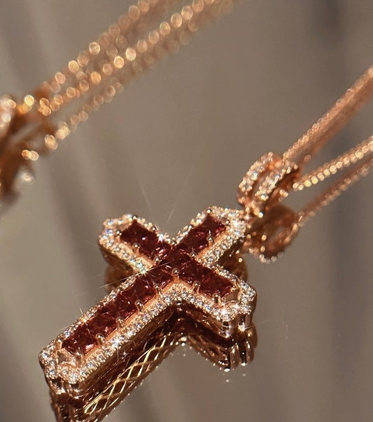 High Carbon Diamond Chain Necklace with Garnet Cross Pendant