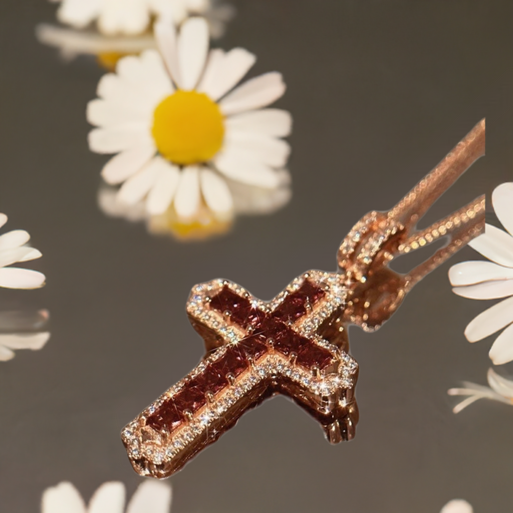 High Carbon Diamond Chain Necklace with Garnet Cross Pendant