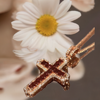 High Carbon Diamond Chain Necklace with Garnet Cross Pendant