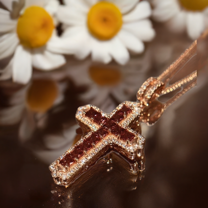 High Carbon Diamond Chain Necklace with Garnet Cross Pendant